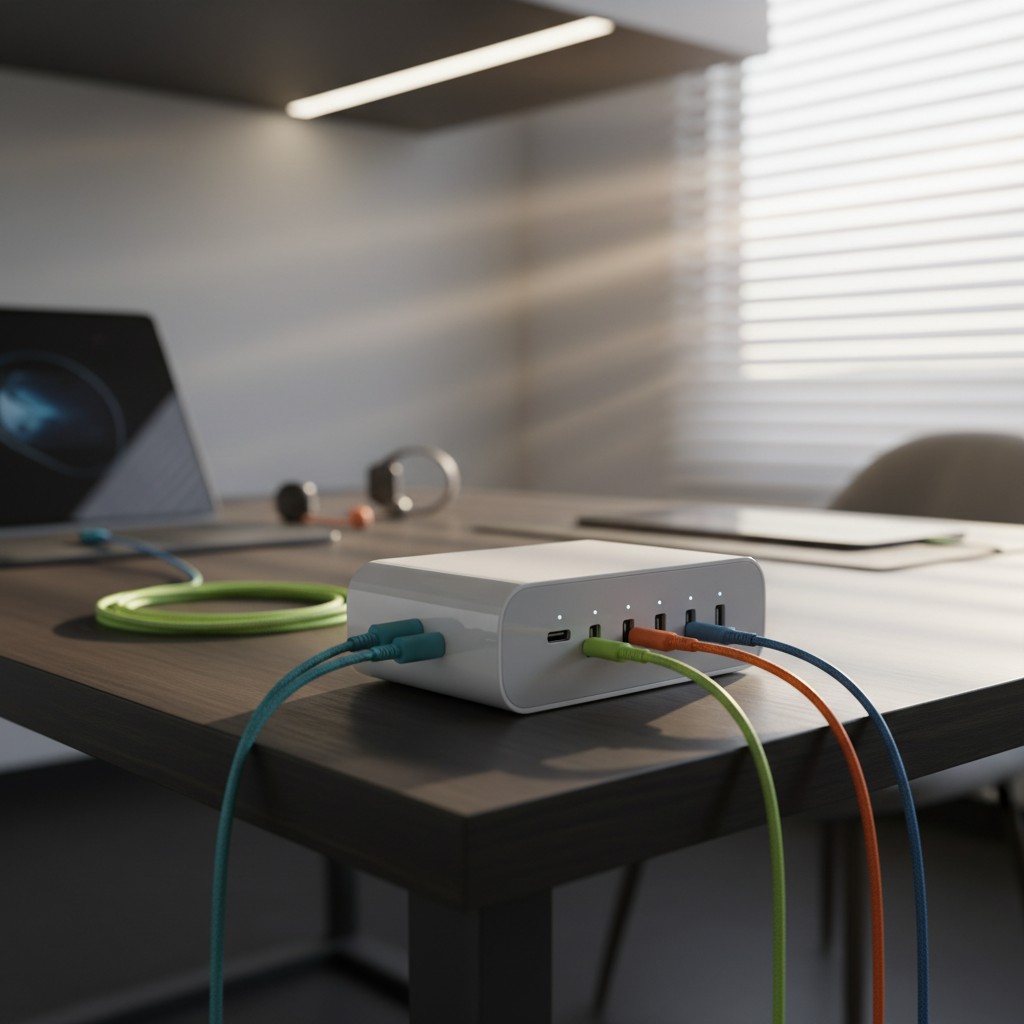 A modern tech workspace with a white USB charging hub and colorful cables.